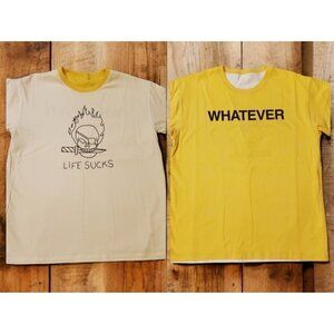 Mcnairy & Co T-shirt Mens Size L Reversible Yellow White 'Whatever' 'Life Sucks'
